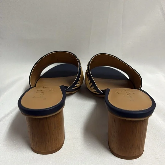 Jack Rogers Bettina Rattan Starburst Block Heel Navy Tan Size 7.5 New - Picture 4 of 6